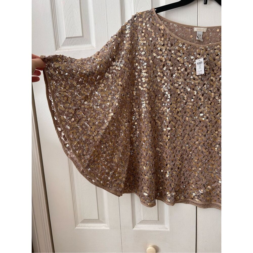 Chico’s Taylor Chianti Gold Sequins Poncho Top Size S/M NWT - Picture 4 of 6